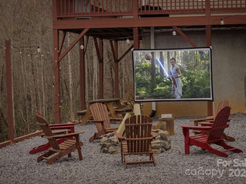 25 Licklog Ridge Road, Fairview, NC 28730.  MLS# CAR4256398, YatesRealty ID 23533. Outdoor Area with Firepit and Movie Screen