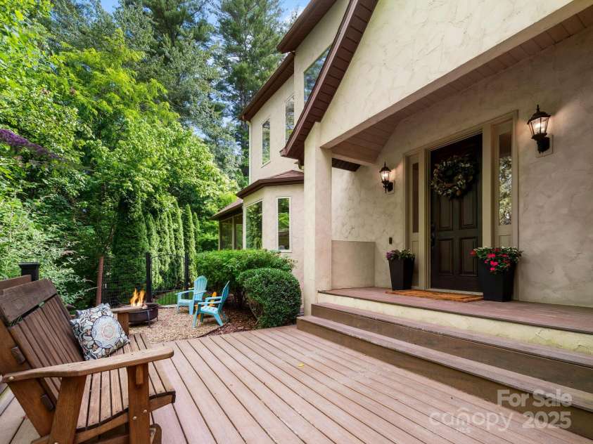 102 Gap Creek Road, Fletcher, NC 28732.  MLS# CAR4275624, YatesRealty ID 23580. Front Walkway To Front Porch and Front Door. Featuring the Outdoor Fire Pit