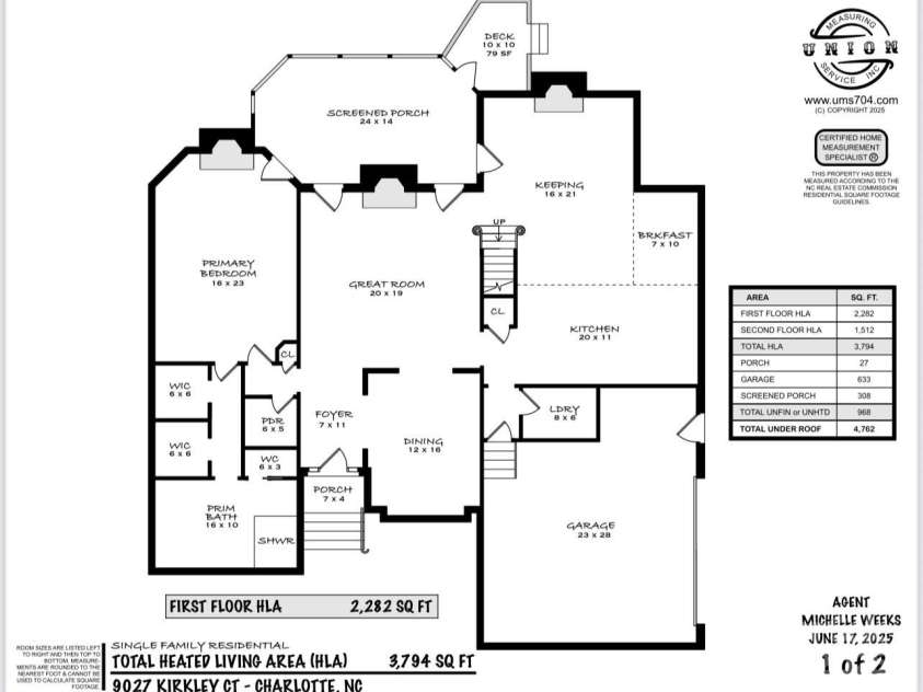 9027 Kirkley Court, Charlotte, NC 28277.  MLS# CAR4271257, YatesRealty ID 23728. Floor Plan First Floor