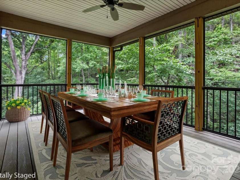 311 Carriage Crest Drive, Hendersonville, NC 28791.  MLS# CAR4263699, YatesRealty ID 24164. Digitally staged main level screened-in porch off the dining room.