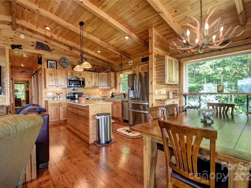 211 Sky Drive, Maggie Valley, NC 28751.  MLS# CAR4276346, YatesRealty ID 24456. Kitchen and dining side of the great room