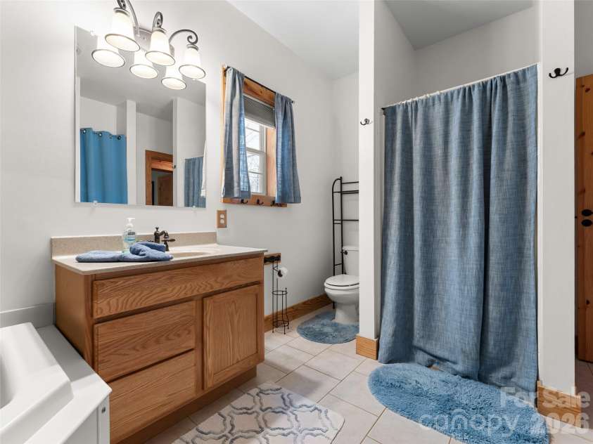 462 Deep Woods Lane, Saluda, NC 28773.  MLS# CAR4366925, YatesRealty ID 24522. Main level bathroom vanity and shower