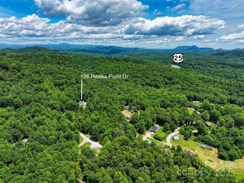 186 Hawks Point Drive, Zirconia, NC 28790.  MLS# CAR4302595, YatesRealty ID 24638. Aerial proximity to Hwy 25