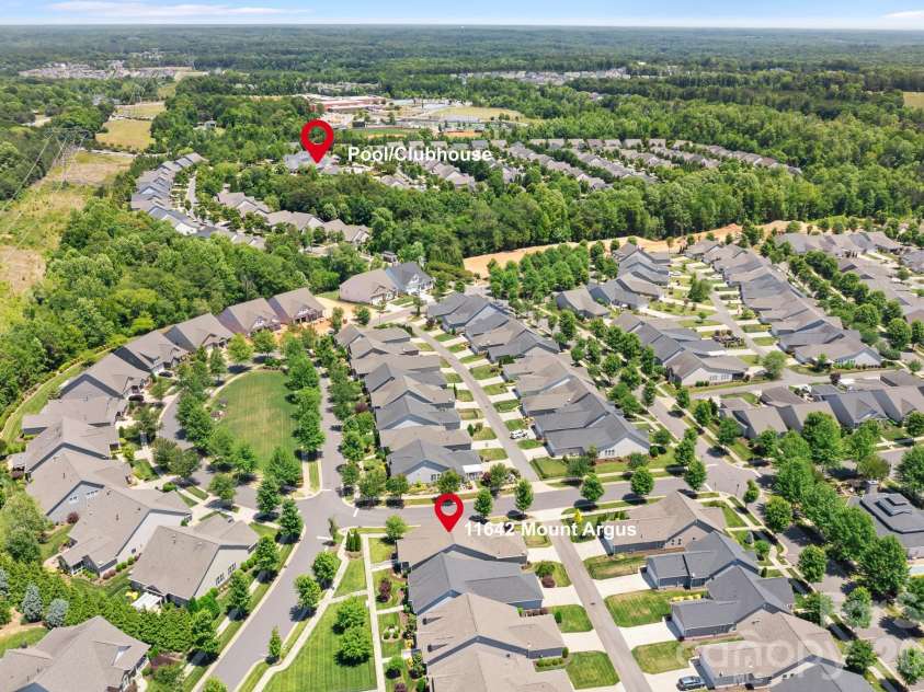 11642 Mount Argus Drive, Cornelius, NC 28031.  MLS# CAR4350521, YatesRealty ID 24708. Aerial view distance to clubhouse