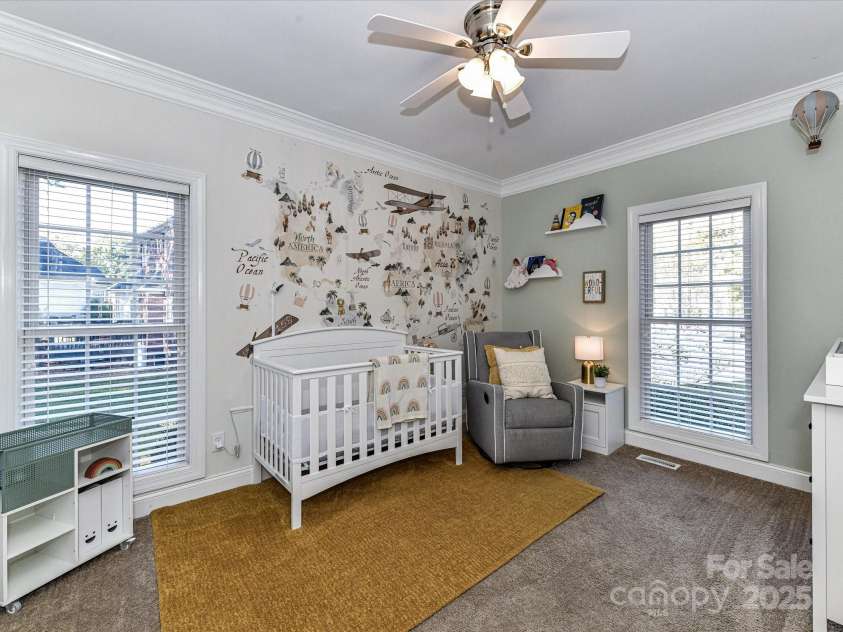 225 Northchase Drive, Concord, NC 28027.  MLS# CAR4314773, YatesRealty ID 25094. Bedroom 3 features crown molding, ceiling fan/light & Jack & Jill Bath!