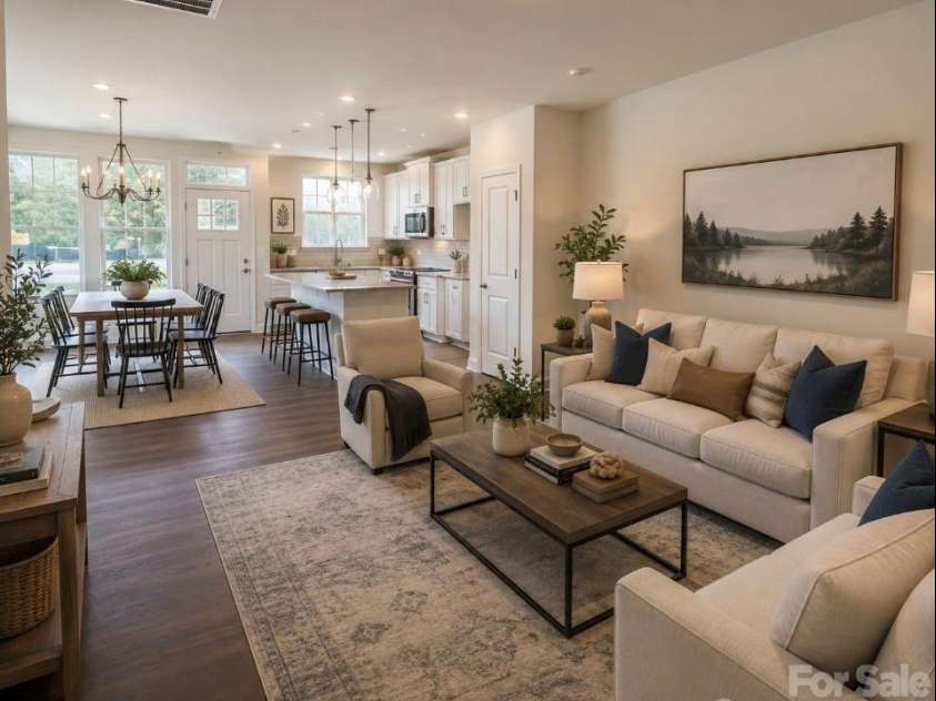 1075 South Point Road, Belmont, NC 28012.  MLS# CAR4351165, YatesRealty ID 2526. Virtually Staged Living Room/Kitchen/Dining Combo