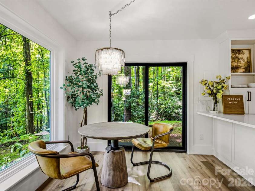 81 Summer Trees Lane, Burnsville, NC 28714.  MLS# CAR4417537, YatesRealty ID 25389. Breakfast nook with forest views.