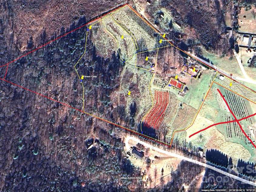 5188 Dysartsville Road, Morganton, NC 28655.  MLS# CAR4270470, YatesRealty ID 25587. Satellite view of the property. Zoom in for clarity and tagged structures. The big red X is not part of the property.