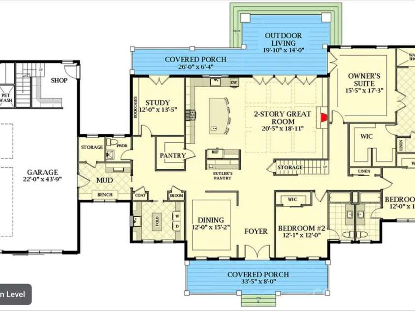 Lot 1 Country Estates Drive, Waxhaw, NC 28173.  MLS# CAR4276299, YatesRealty ID 25764. Main Level Floor Plan of Proposed Modern Farmhouse - 3,210 SF with 3 Bedrooms, Office, Dining and Living Areas, as well as a $1,022 SF Garage with Shop