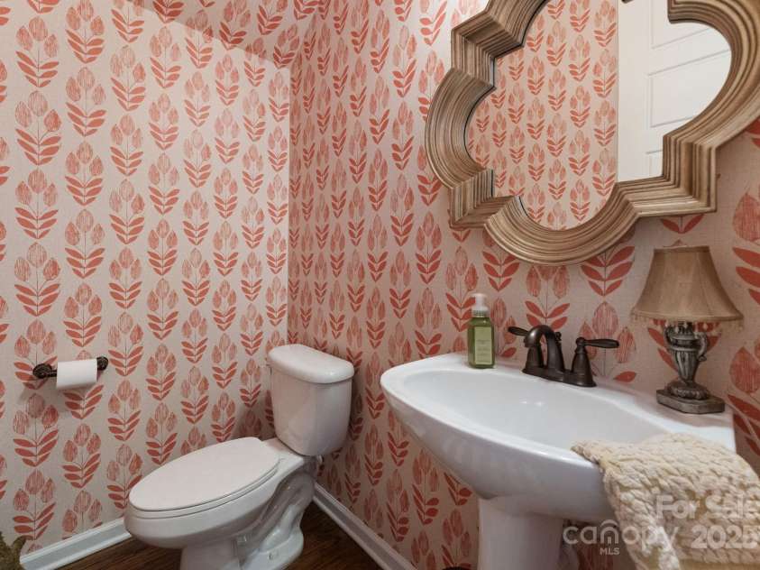 5137 Rialto Street, Belmont, NC 28012.  MLS# CAR4277416, YatesRealty ID 25831. The powder room is a showcase of exquisite design, adorned with striking, upscale wallpaper that elevates the space with rich texture and sophisticated pattern. Paired with a finely crafted vanity featuring polished hardw