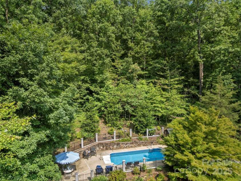 64 Wells Lane, Tryon, NC 28782.  MLS# CAR4277197, YatesRealty ID 26131. Drone Shot of Pool Area