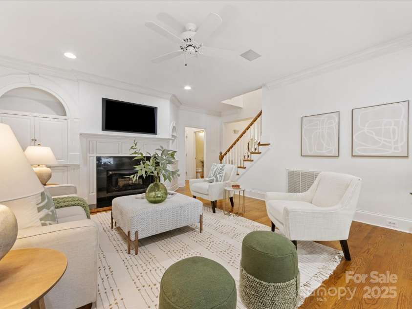 1420 Sterling Road, Charlotte, NC 28209.  MLS# CAR4251543, YatesRealty ID 26166. Family Room with Fireplace and Built ins.