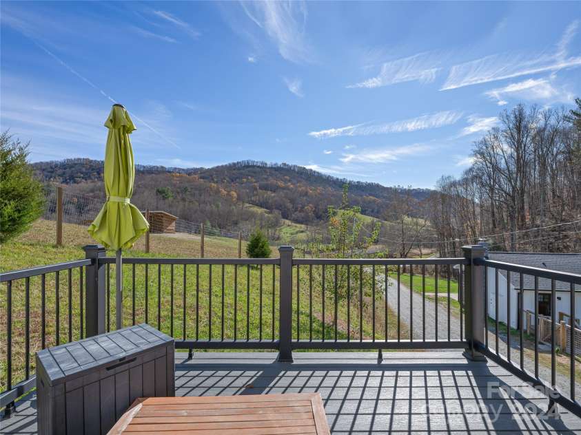 435 N Turkey Creek Road, Leicester, NC 28748.  MLS# CAR4199119, YatesRealty ID 262. View from the back deck of carriage house-facing the front pasture containing the alpacas (owners have been renting this as a successful ecotourism gig)