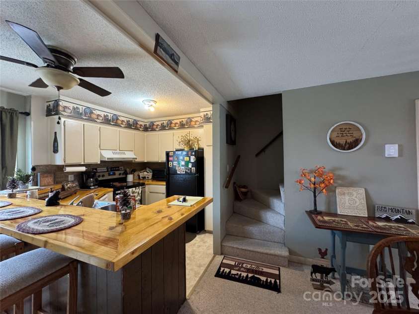 229 Birchwood Lane, Beech Mountain, NC 28604.  MLS# CAR4234563, YatesRealty ID 2665. Kitchen and step leading to the second floor