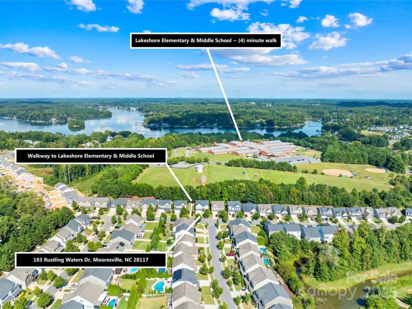 183 Rustling Waters Drive, Mooresville, NC 28117.  MLS# CAR4303069, YatesRealty ID 2667. Walking path to Lakeshore Elementary and Middle School
