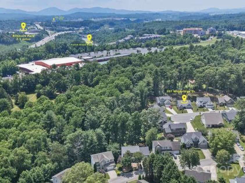 207 Weybridge Drive, Arden, NC 28704.  MLS# CAR4276562, YatesRealty ID 26705. Drone overview