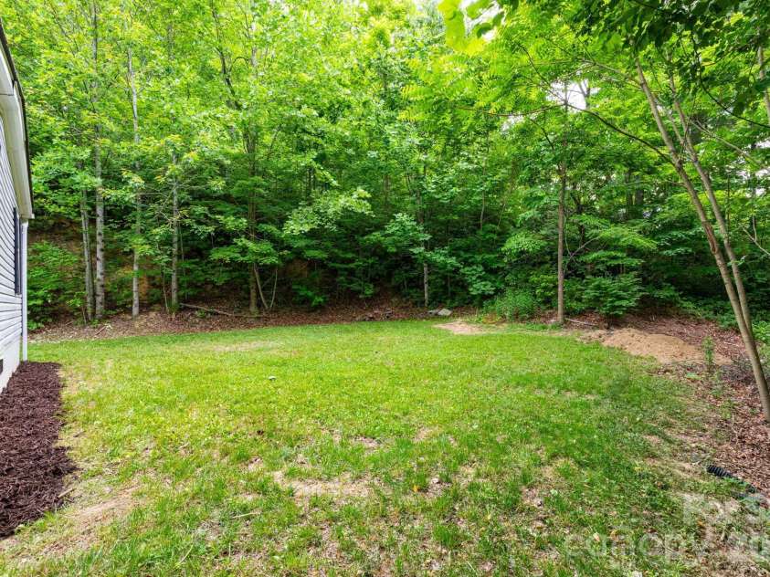 61 Blue Mountain Road, Fairview, NC 28730.  MLS# CAR4381862, YatesRealty ID 27229. Backyard – Private backyard surrounded by mature trees, offering a peaceful natural setting with plenty of room to relax, garden, or enjoy outdoor activities.