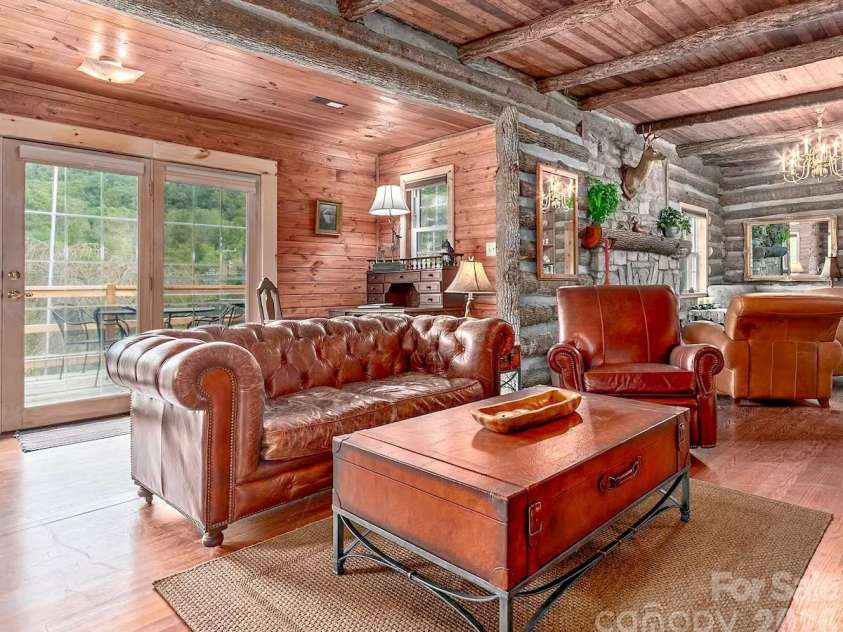 72 Chestnut Hill Road, Gerton, NC 28735.  MLS# CAR4375202, YatesRealty ID 27416. Main Cabin - living room