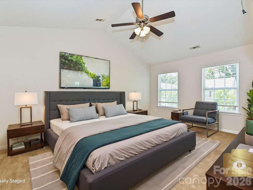 6709 Broad Valley Court, Charlotte, NC 28216.  MLS# CAR4388395, YatesRealty ID 27447. Virtually staged primary bedroom