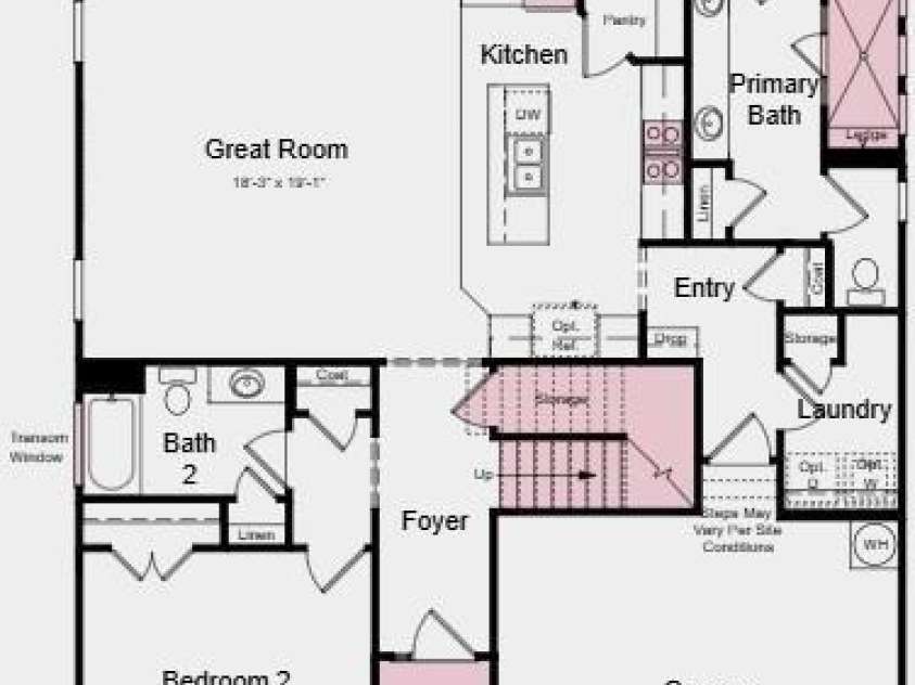 1702 Hubert Graham Way, Tega Cay, SC 29708.  MLS# CAR4389263, YatesRealty ID 27453. First Floor Plan - Additional Highlights Include: gourmet kitchen, spa shower at primary bath, transom window at Bath 2, and extended laminate flooring on 1st floor