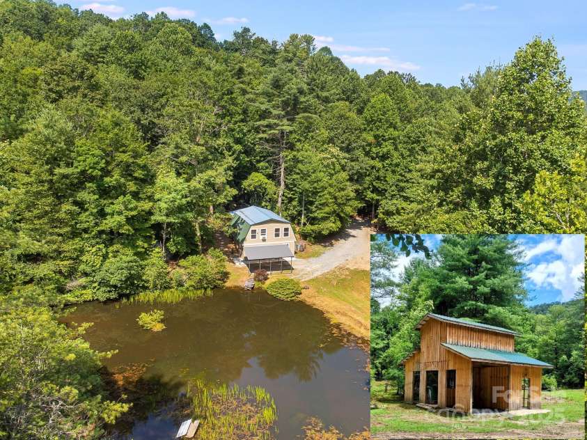 1101 Line Runner Ridge Road, Rosman, NC 28772.  MLS# CAR4280963, YatesRealty ID 27502. Aerial of the charming home and pond with an imbedded picture of the barn with board and batten siding