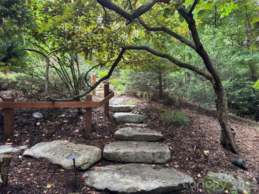 355 Oakley Green None, Boone, NC 28607.  MLS# CAR4382416, YatesRealty ID 27534. Stone walkway leading to stream & waterfall in back yard!