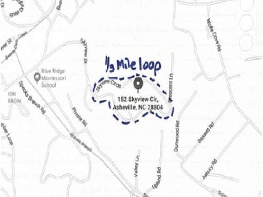 152 Skyview Circle, Asheville, NC 28804.  MLS# CAR4384126, YatesRealty ID 27544. Small walking loop around Skyview Circle great for walking the dog.