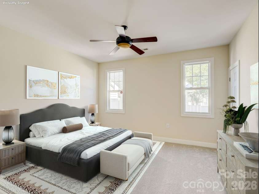 2025 Gable Way Lane, Matthews, NC 28104.  MLS# CAR4377619, YatesRealty ID 28100. Virtually Staged Primary Bedroom on Main Level