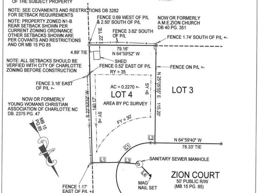 1122 Zion Court, Charlotte, NC 28209.  MLS# CAR4383577, YatesRealty ID 28241. Survey