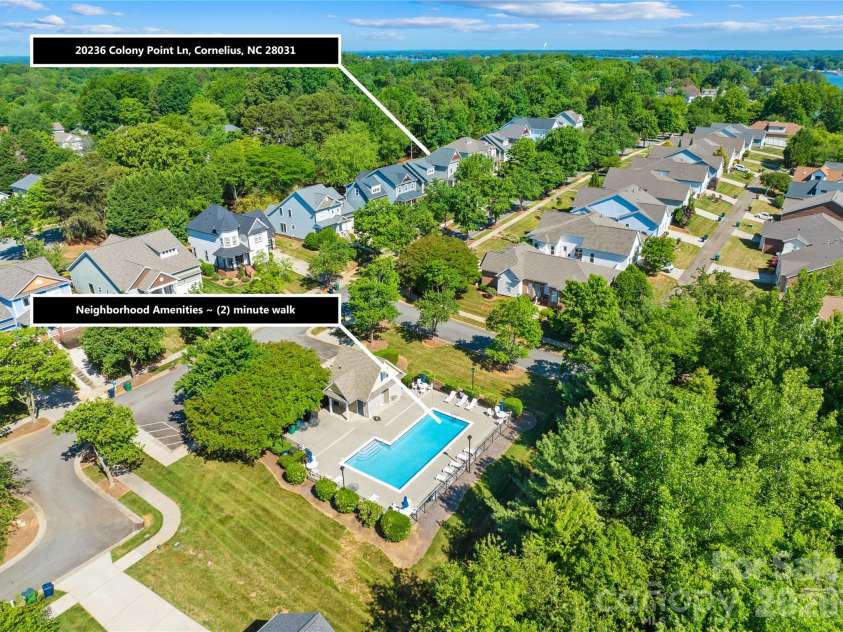 20236 Colony Point Lane, Cornelius, NC 28031.  MLS# CAR4378155, YatesRealty ID 28667. The community pool is a 2 min stroll from your front door!