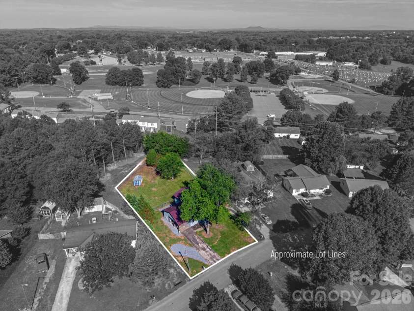 412 Forest Drive, Maiden, NC 28650.  MLS# CAR4389882, YatesRealty ID 28737. Aerial View with Approximate Lot Lines