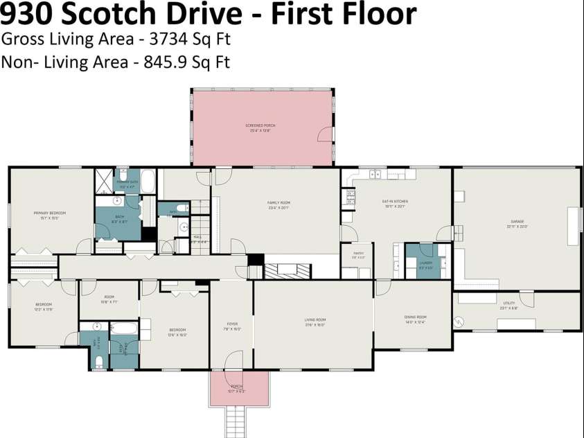 930 Scotch Drive, Gastonia, NC 28054.  MLS# CAR4385001, YatesRealty ID 28831. First Floor Layout and Measurements