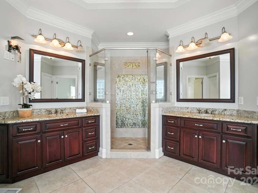 3864 French Fields Lane, Harrisburg, NC 28075.  MLS# CAR4280108, YatesRealty ID 29095. Primary with Dual Vanity and Tile Shower