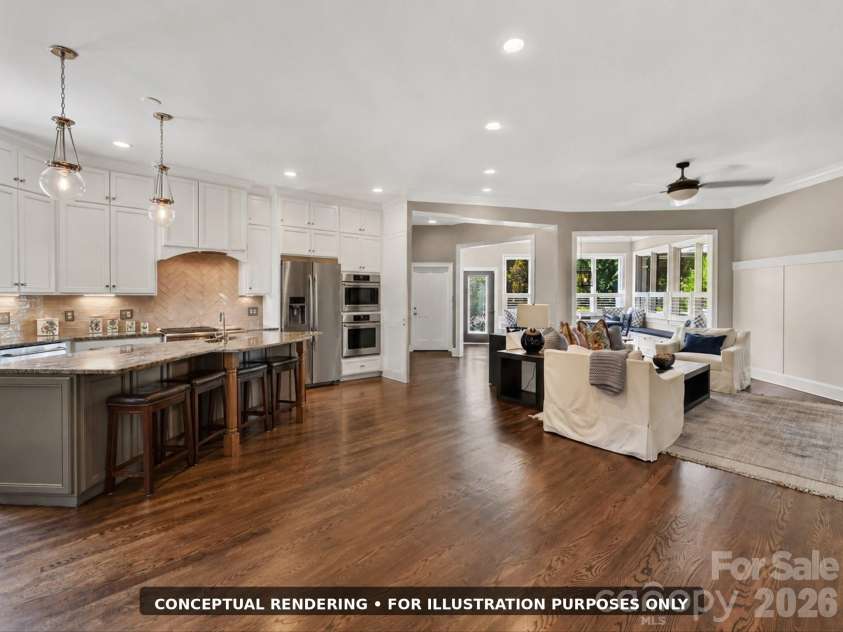 17626 Spinnakers Reach Drive, Cornelius, NC 28031.  MLS# CAR4384271, YatesRealty ID 29216. Conceptual rendering shown for visualization purposes only, illustrating a potential open-concept kitchen layout. Current floor plan includes a pantry wall. Any modification is subject to buyer verification an