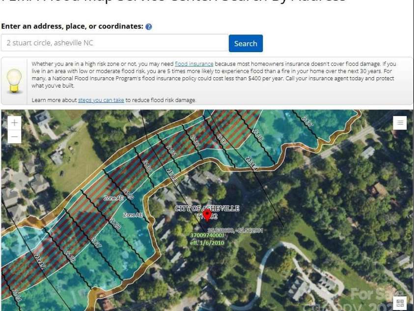2 Stuart Circle, Asheville, NC 28804.  MLS# CAR4287508, YatesRealty ID 29431. Current FEMA Map showing none of subdivision is in threat of flood!