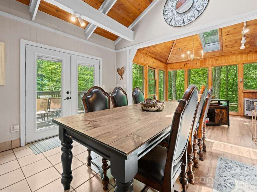 321 Charter Hills Road, Beech Mountain, NC 28604.  MLS# CAR4276469, YatesRealty ID 29495. Dining room and doors to dining deck
