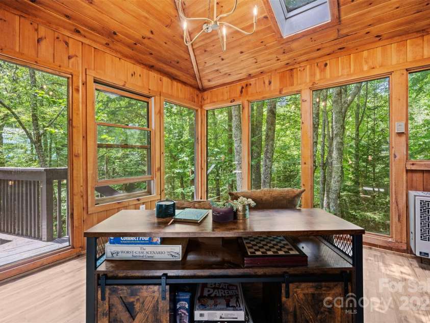 321 Charter Hills Road, Beech Mountain, NC 28604.  MLS# CAR4276469, YatesRealty ID 29495. Sunroom overlooking creek
