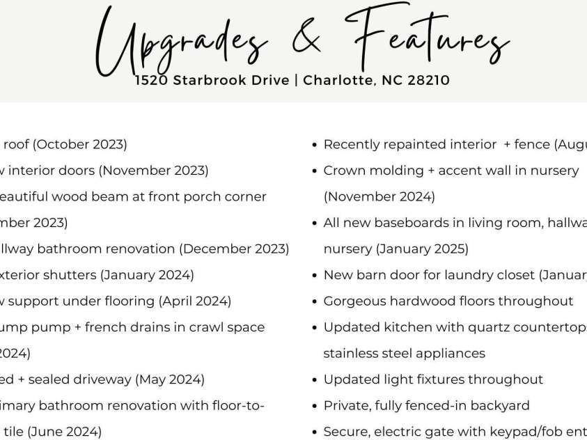 1520 Starbrook Drive, Charlotte, NC 28210.  MLS# CAR4274449, YatesRealty ID 29630. Features + upgrades for 1520 Starbrook Drive