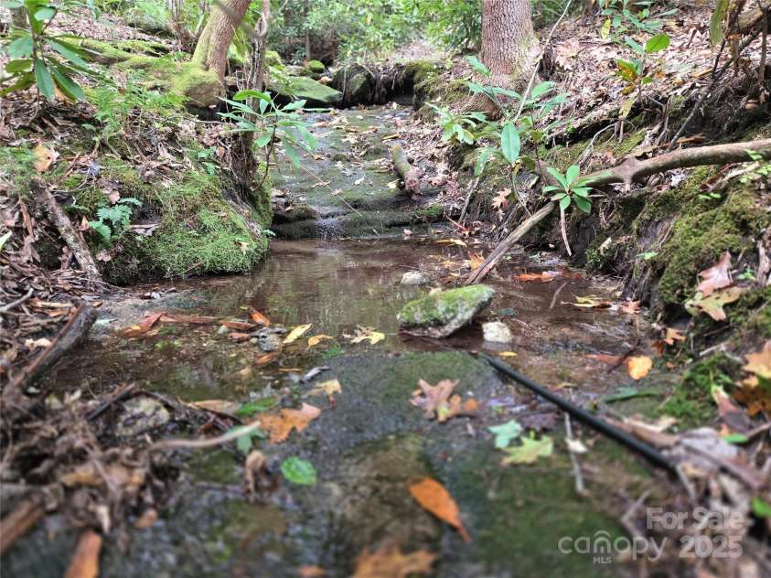 557 Country Club Estates Drive, Sapphire, NC 28774.  MLS# CAR4302980, YatesRealty ID 2977. Small spring run flows on the north side of the back yard and cascades over smooth rock in spots along the way.