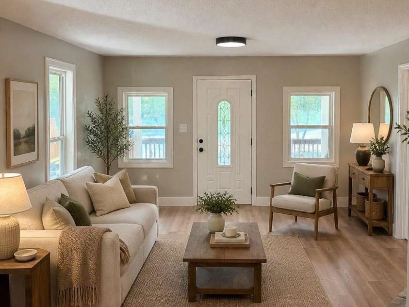 3910 Oakwood Circle, Iron Station, NC 28080.  MLS# CAR4378184, YatesRealty ID 29859. Virtually staged living room