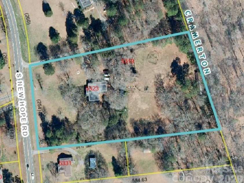 5323 New Hope Road, Belmont, NC 28012.  MLS# CAR4338697, YatesRealty ID 2986. Aerial from GIS system