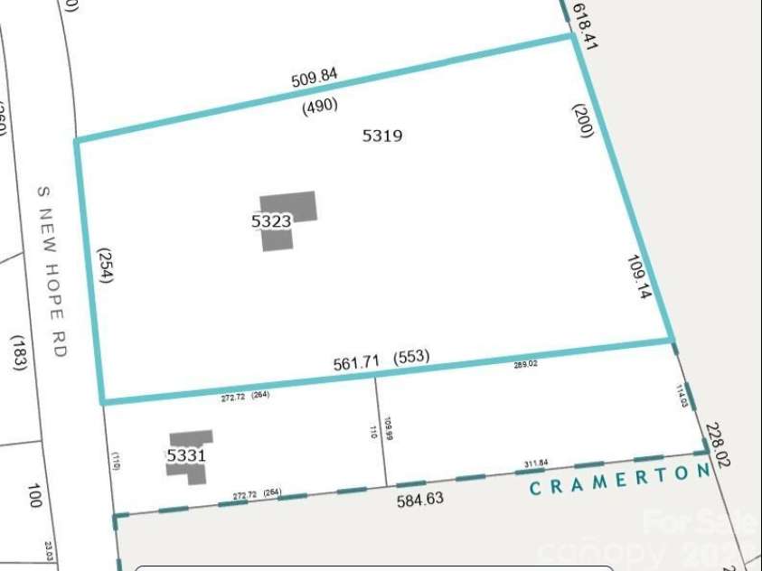 5323 New Hope Road, Belmont, NC 28012.  MLS# CAR4338697, YatesRealty ID 2986. Lot dimension estimates from GIS system