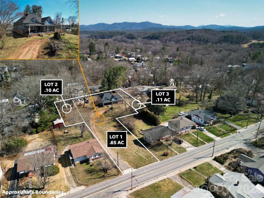 192 Brevard Road, Asheville, NC 28806.  MLS# CAR4354273, YatesRealty ID 2996. Aerial with adjacent parcels marked.