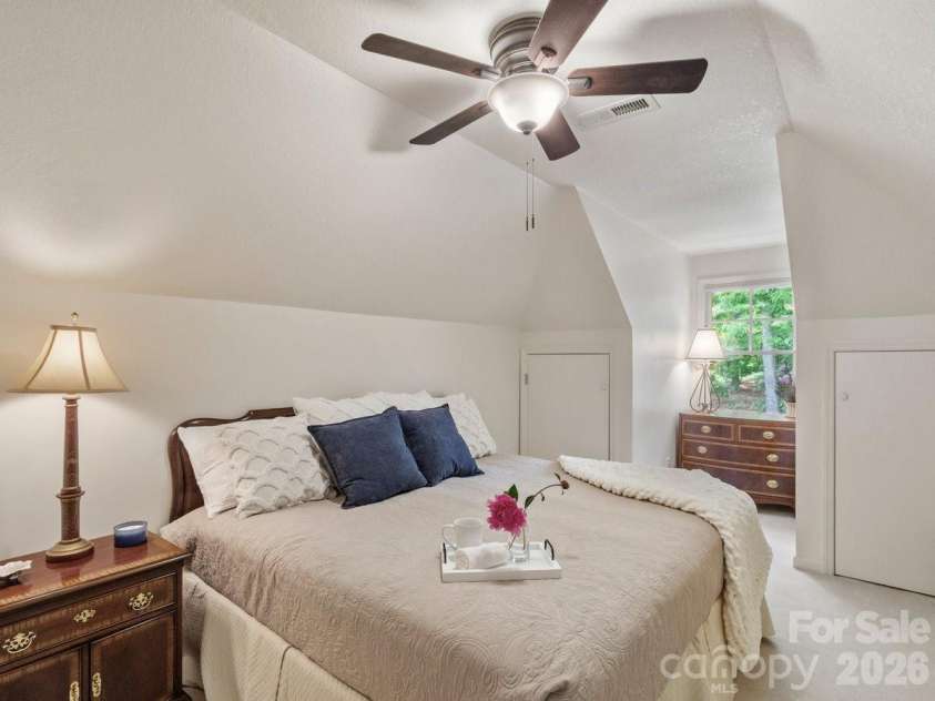 6 Creekside Way, Asheville, NC 28804.  MLS# CAR4379945, YatesRealty ID 29998. Upper Level 2nd Bedroom King bed for visual size.