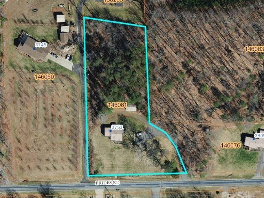 3753 Prides Road, East Bend, NC 27018.  MLS# CAR4290043, YatesRealty ID 30778. Aerial view from Yadkin County GIS, lot lines may not be precise