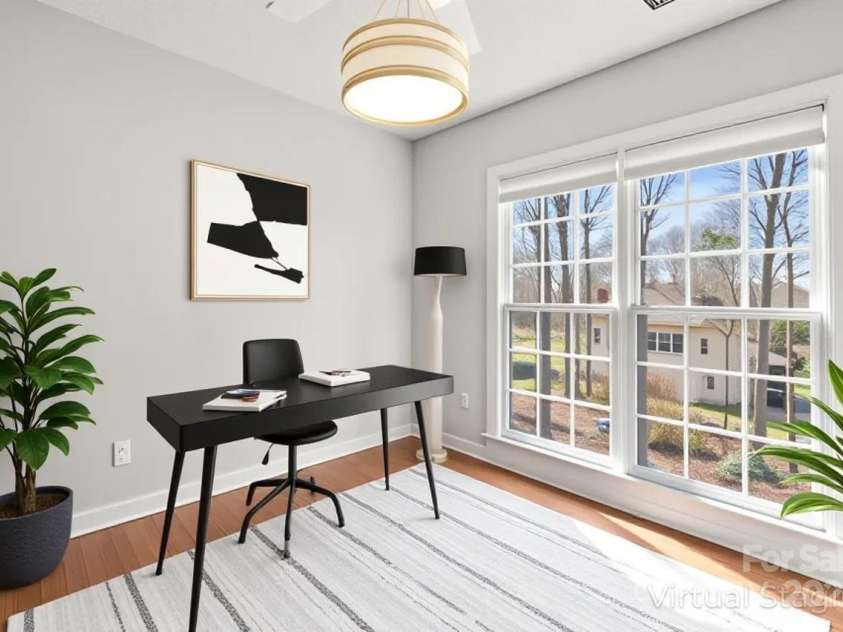 8802 Glenside Street, Huntersville, NC 28078.  MLS# CAR4316716, YatesRealty ID 31376. Main floor office with loads of natural light and a backyard view (virtually staged).