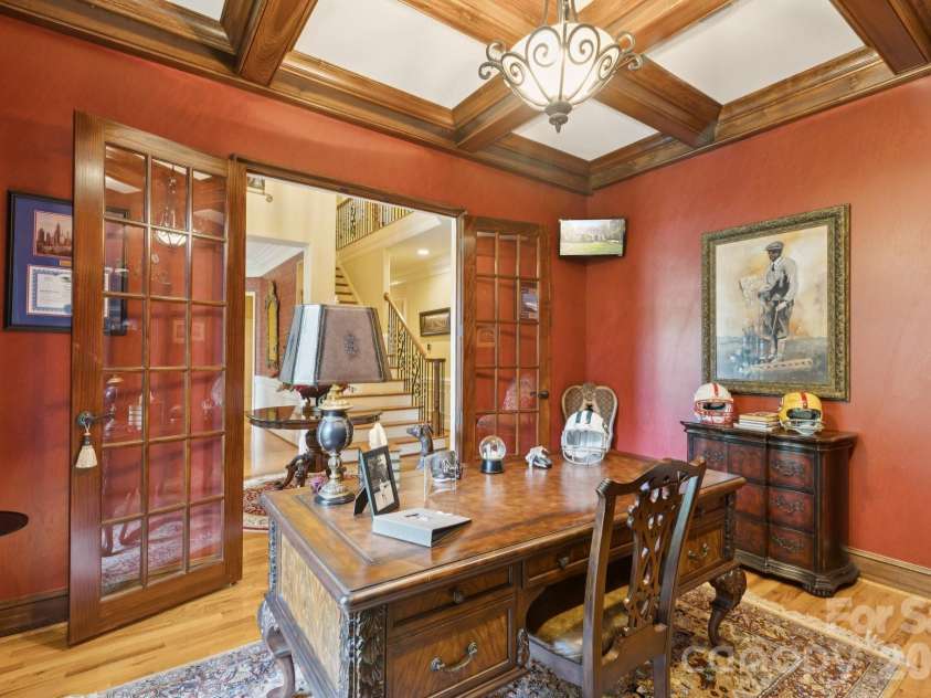 2900 Cutter Court, Waxhaw, NC 28173.  MLS# CAR4392971, YatesRealty ID 31378. Office on front of house with french doors and coffered ceilings