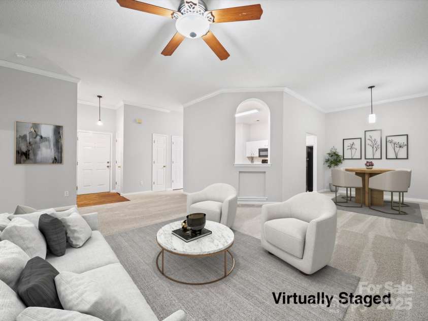 1020 Stinson Glen Lane, Charlotte, NC 28214.  MLS# CAR4279697, YatesRealty ID 31460. Virtually Staged: Living Room, Dining Area and Kitchen Views