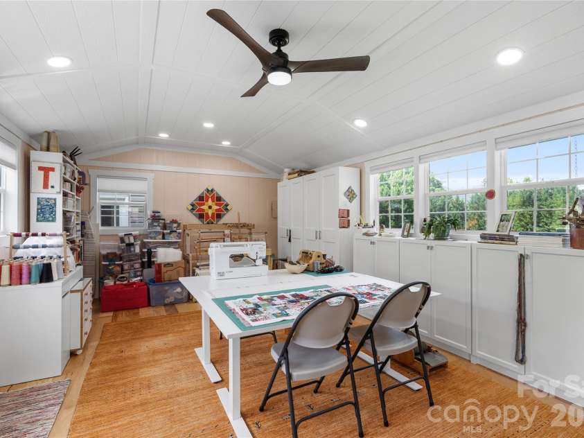 34 Justice Drive, Leicester, NC 28748.  MLS# CAR4394117, YatesRealty ID 31989. Detached Studio with recessed lighting and solid wood ceiling fan
