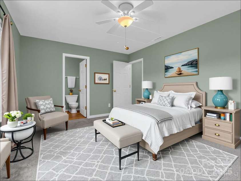 69 Wiltshire Circle, Fletcher, NC 28732.  MLS# CAR4290881, YatesRealty ID 32281. Virtually staged - the primary bedroom features an ensuite bath and double closets. New carpet throughout.